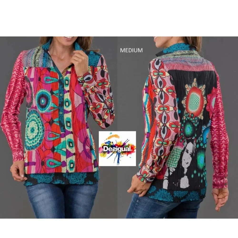 Desigual Long Sleeves Beaded Enma Pullover Multicolor Blouse Top - Picture 1 of 6